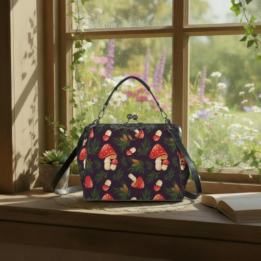 Dark Academia Mushroom Kisslock Crossbody Bag – Cottagecore Handbag with Adjustable Strap