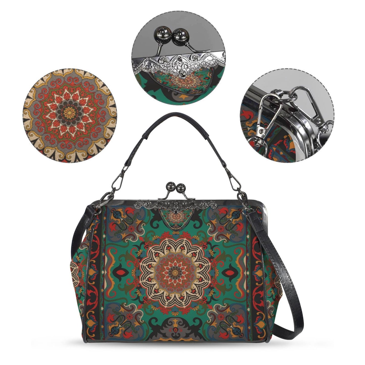 Boho Mandala Kisslock Shoulder Bag – Persian Medallion Crossbody Handbag