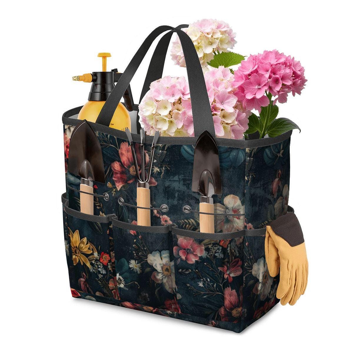 Dark Floral Gardening Tool Organizer Bag – Durable Moody Garden Tote with Pockets