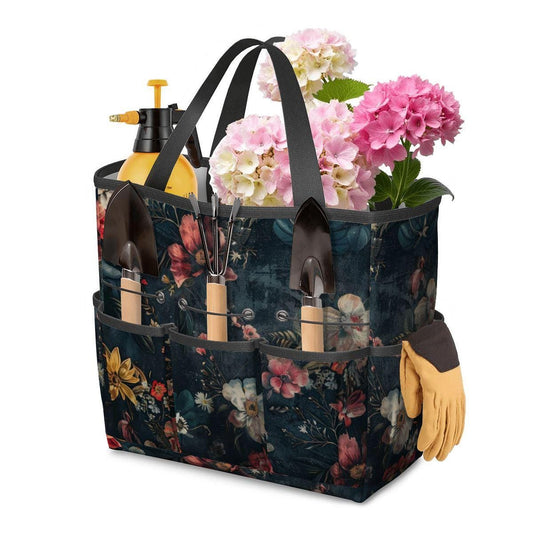 Dark Floral Gardening Tool Organizer Bag – Durable Moody Garden Tote with Pockets
