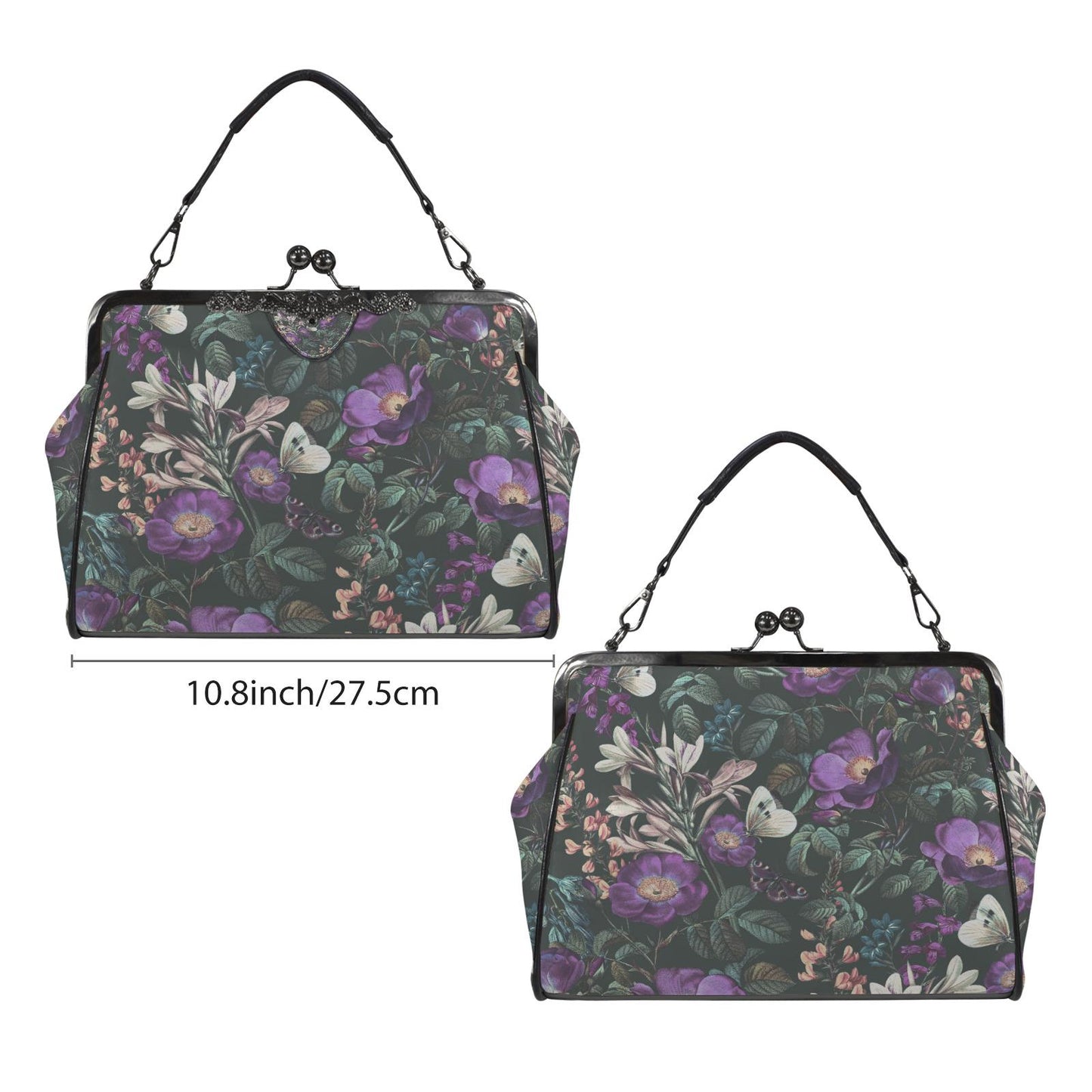 Dark Flowers Butterflies Kisslock Crossbody Handbag - Vintage Academia Floral Bag