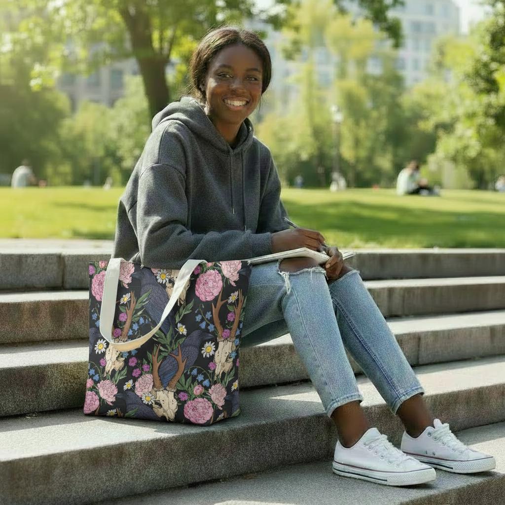 Dark Academia Raven Antler Cotton Yoga Tote – Shoulder Bag with Built-In Mat Storage