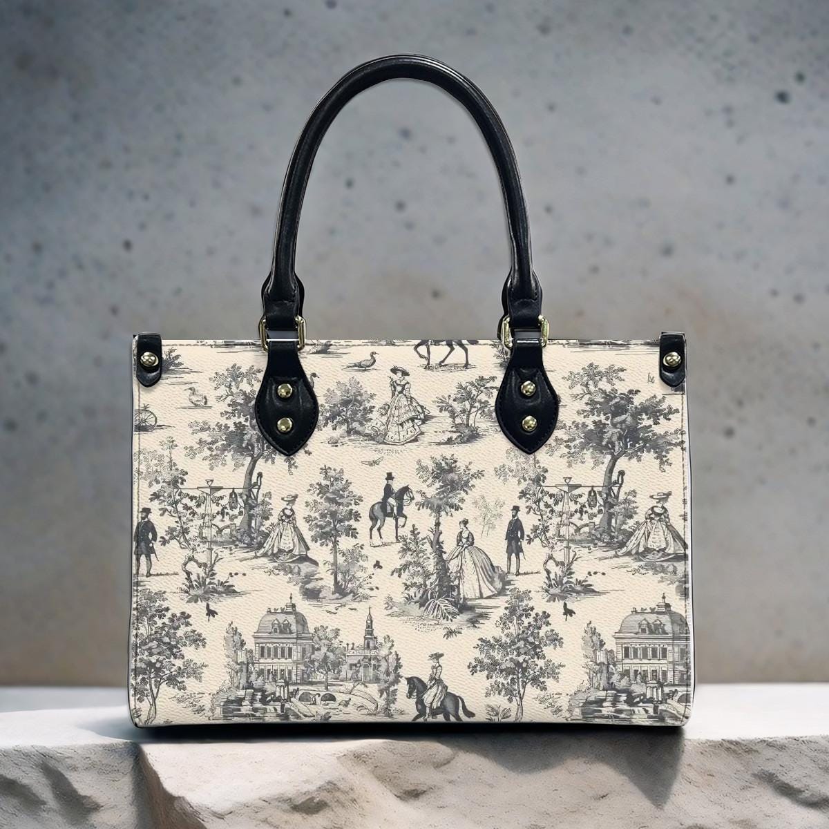 Toile de Jouy Handbag in 3 Sizes - Black White French Vintage Shoulder Bag