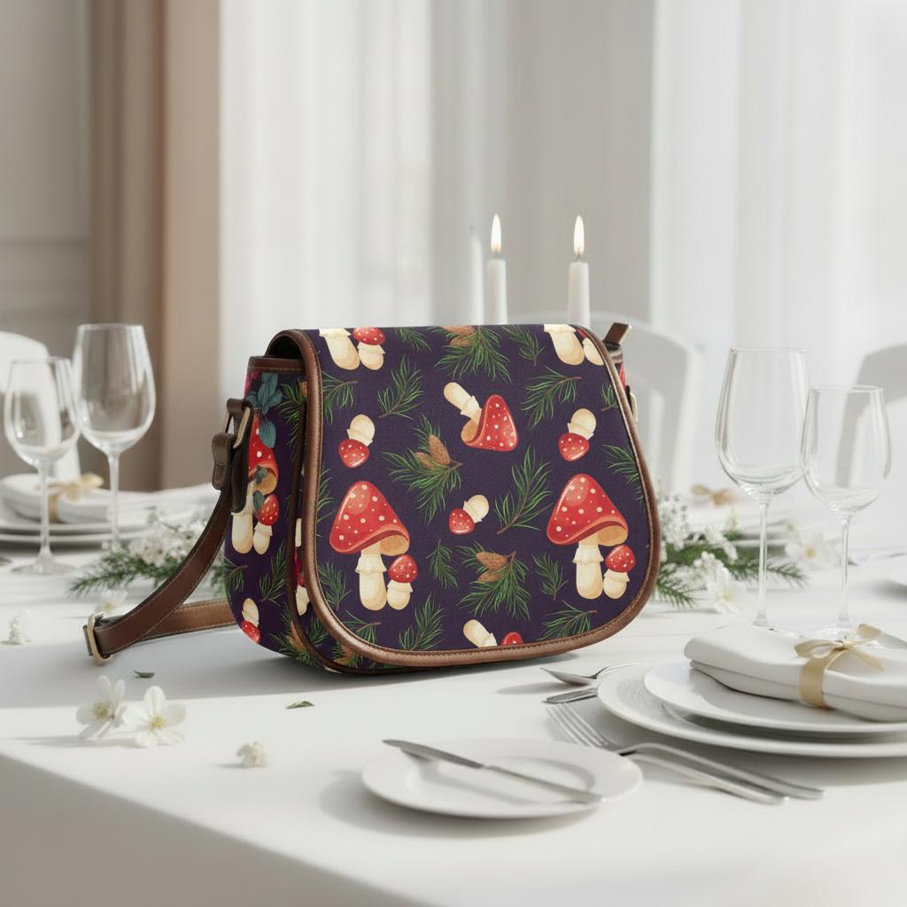 Mushroom Forest Saddle Bag, Romantic Dark Academia Crossbody or Shoulder Handbag