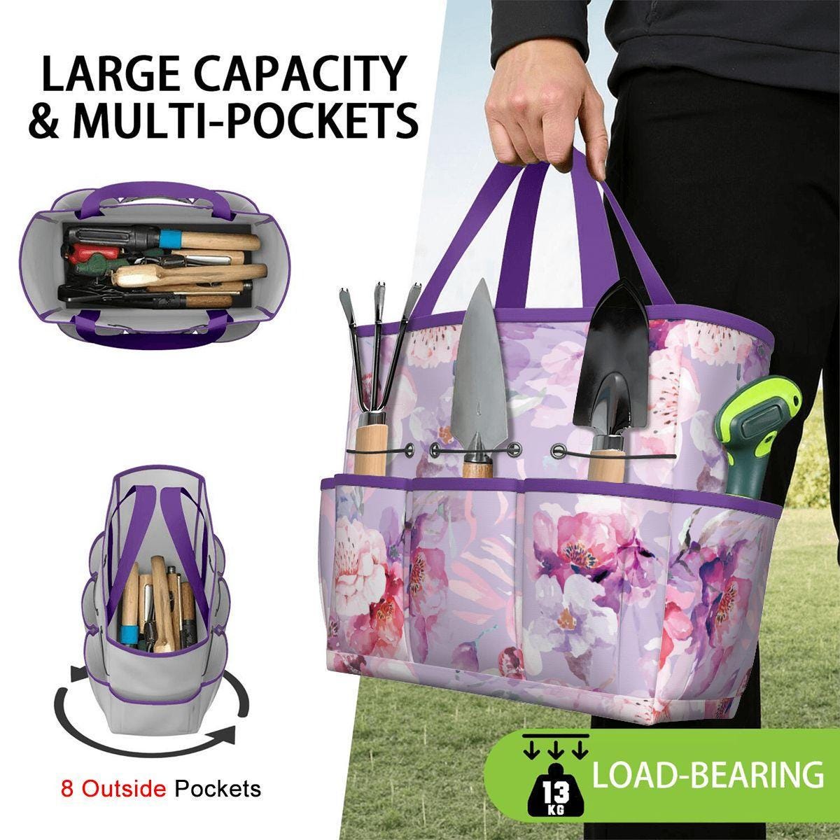Lilac Flowers XL Gardening Tool Organizer Bag – Durable Garden Gift Tote with Pockets