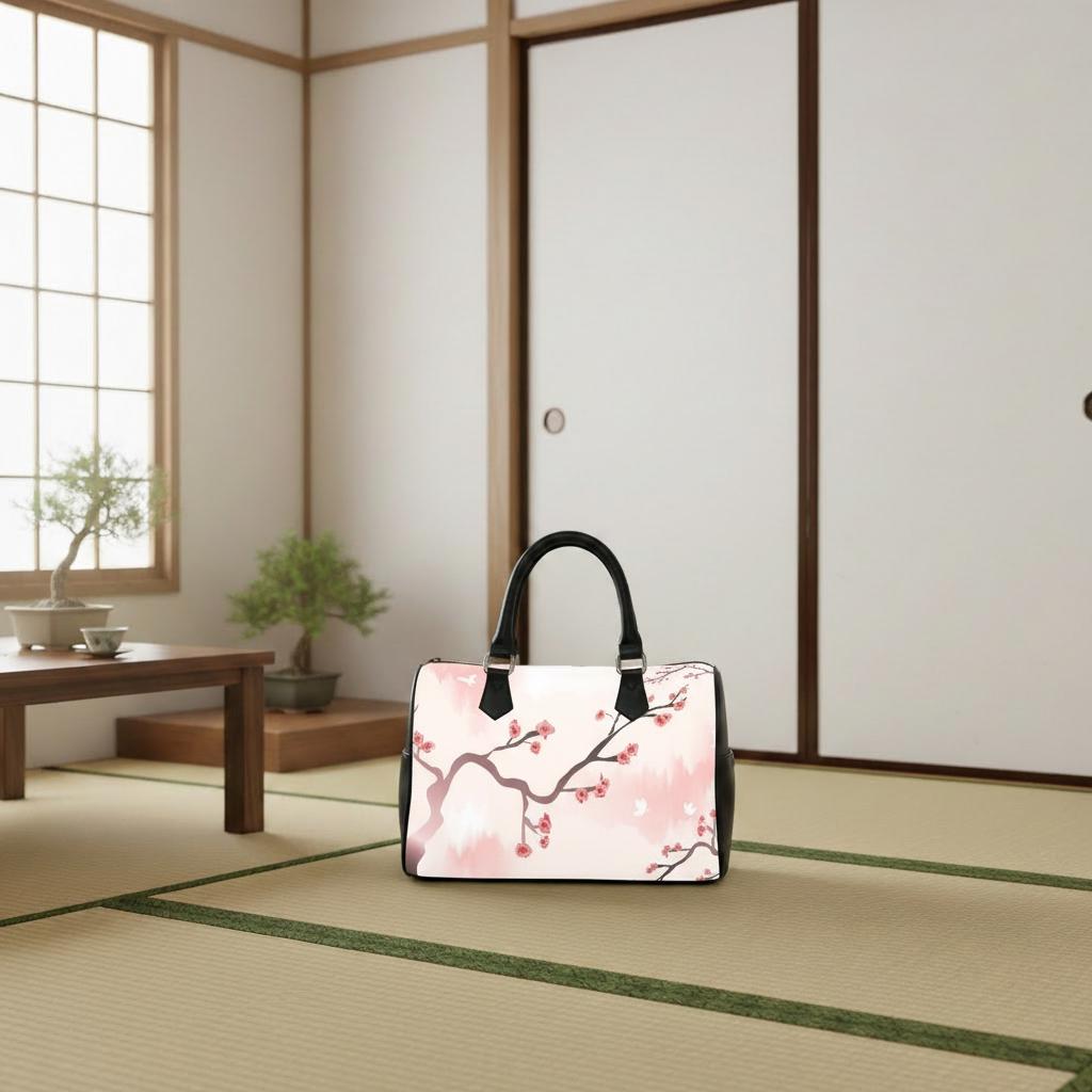 Sakura Branch Japandi Barrel Handbag – Black White Pink Asian Zen Art Purse
