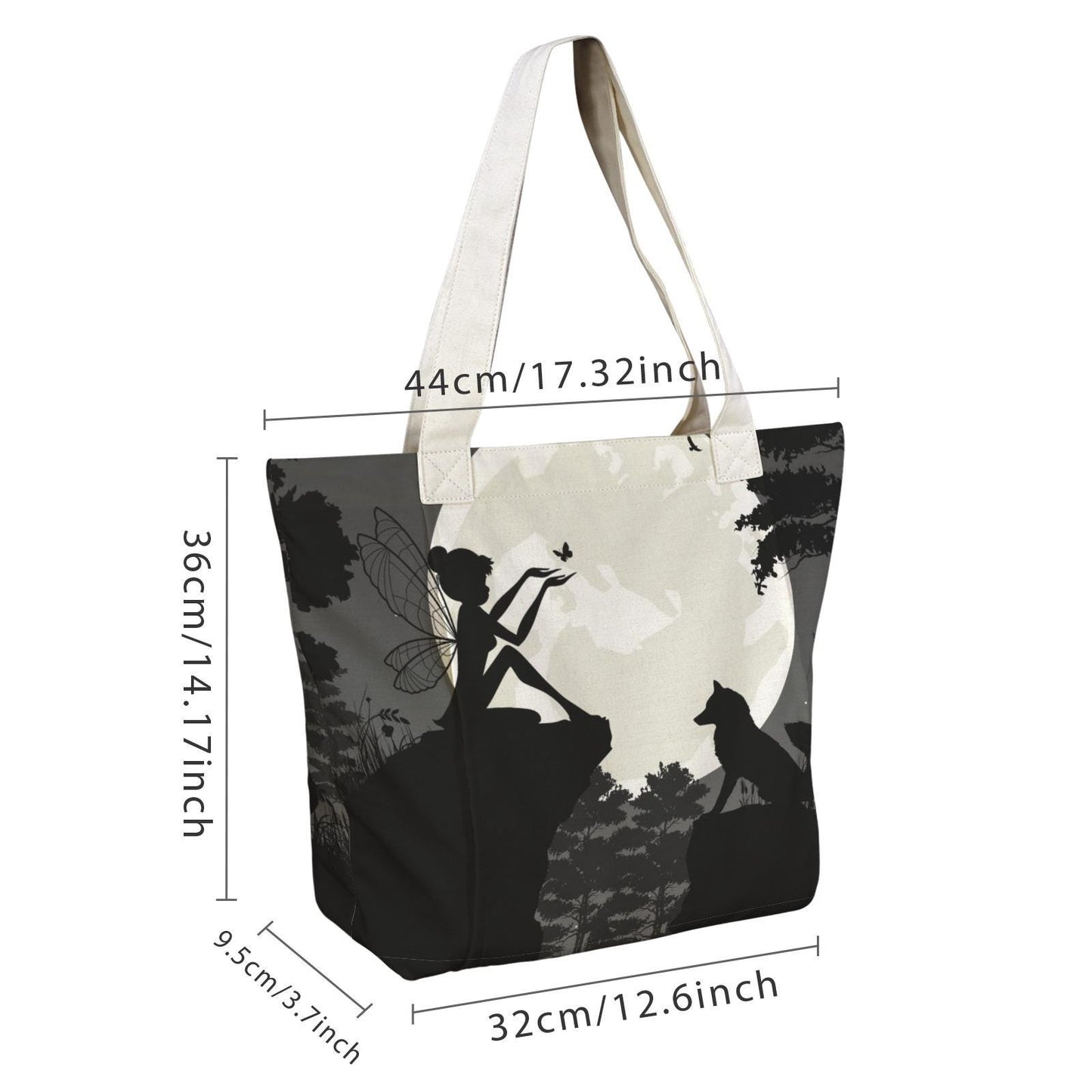 Fairy Forest Wolf Yoga Tote Bag with Mat Holder – Black White Silhouette Fairycore