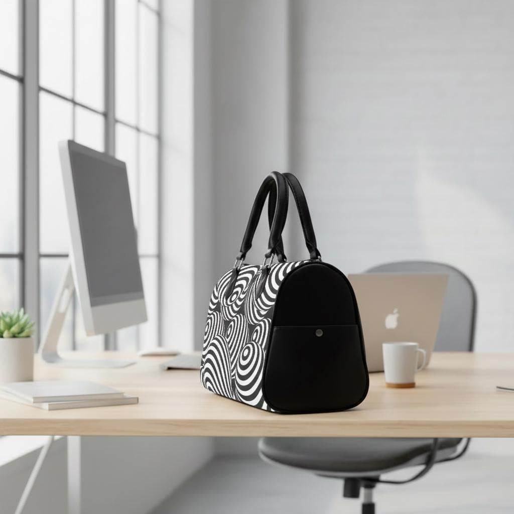 Retro 80s Op-Art Barrel Handbag – Black White Monochrome Everyday Purse
