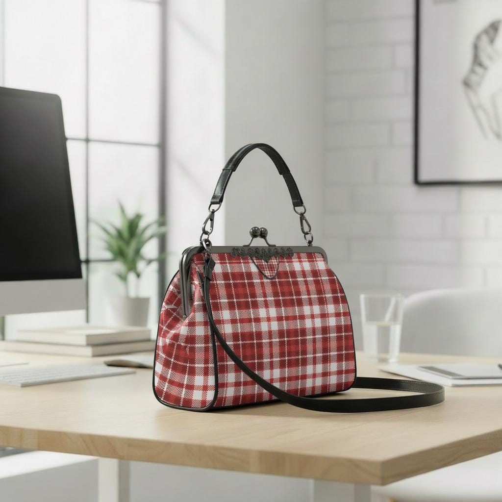 Red White Retro Checkered Kisslock Crossbody Shoulder Bag - 60s Mod Vintage Handbag