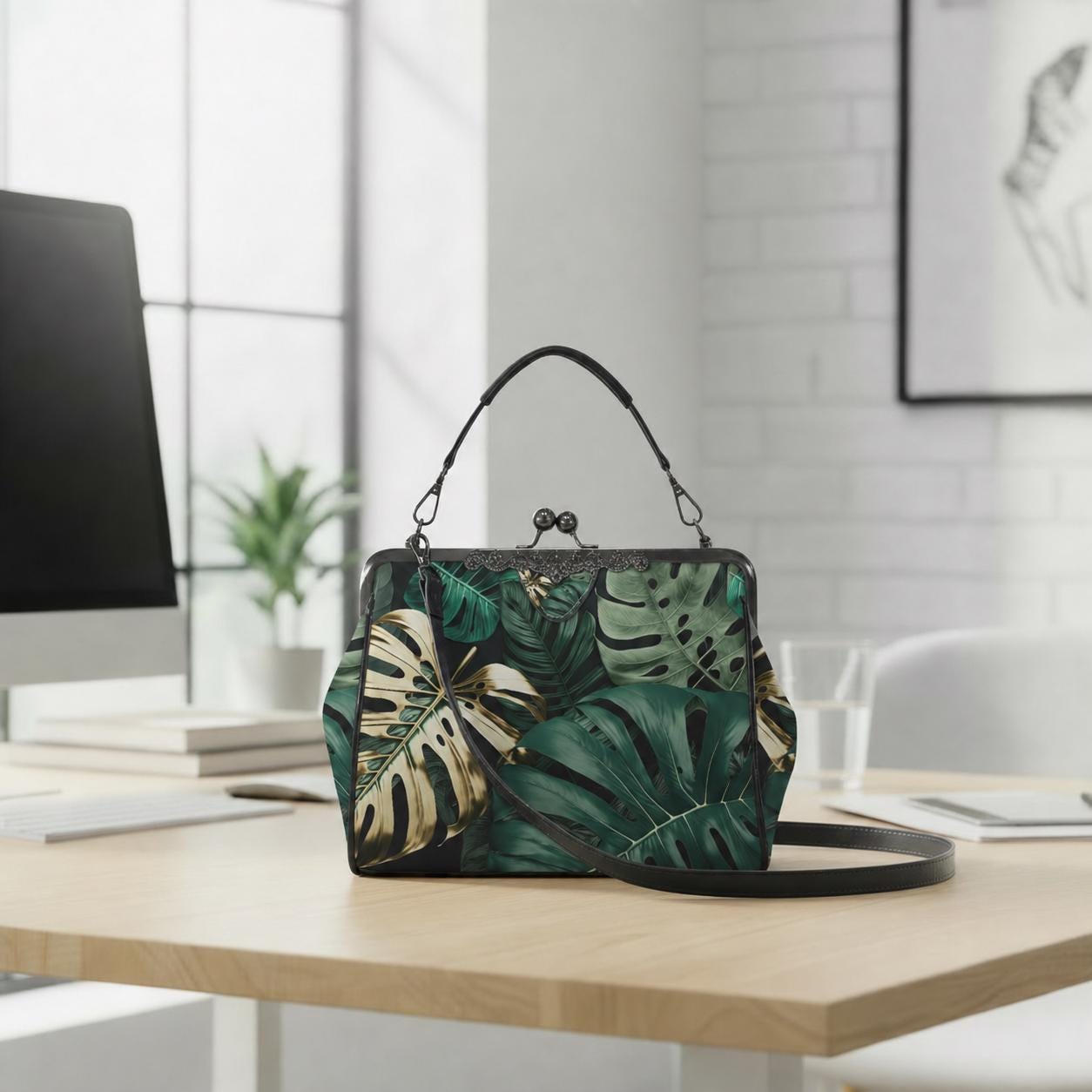 Retro Green Gold Monstera Leaf Handbag - Botanical Kisslock Crossbody Shoulder Bag