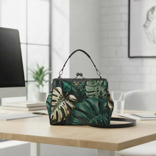 Retro Green Gold Monstera Leaf Handbag - Botanical Kisslock Crossbody Shoulder Bag