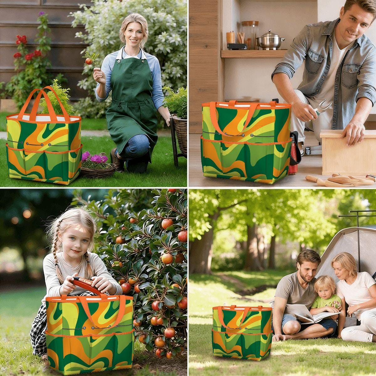 Retro 70s Gardening Tool Organizer Bag – Orange Green Hippie Tote