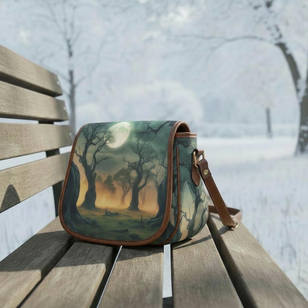 Foggy Trees at Night Dark Academia Saddle Bag - Moody Gothic Crossbody Handbag