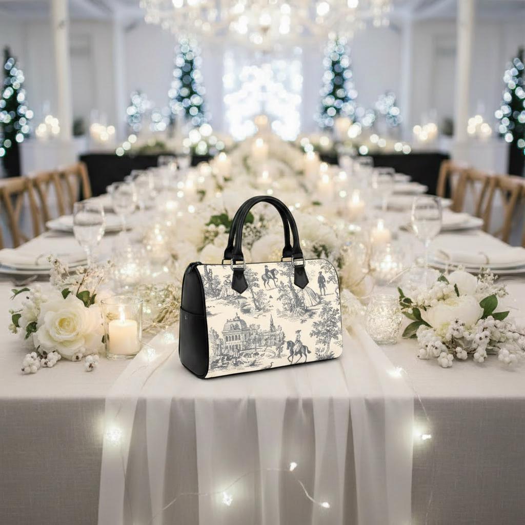 Toile de Jouy Black White Barrel Handbag – French Vintage Everyday Purse