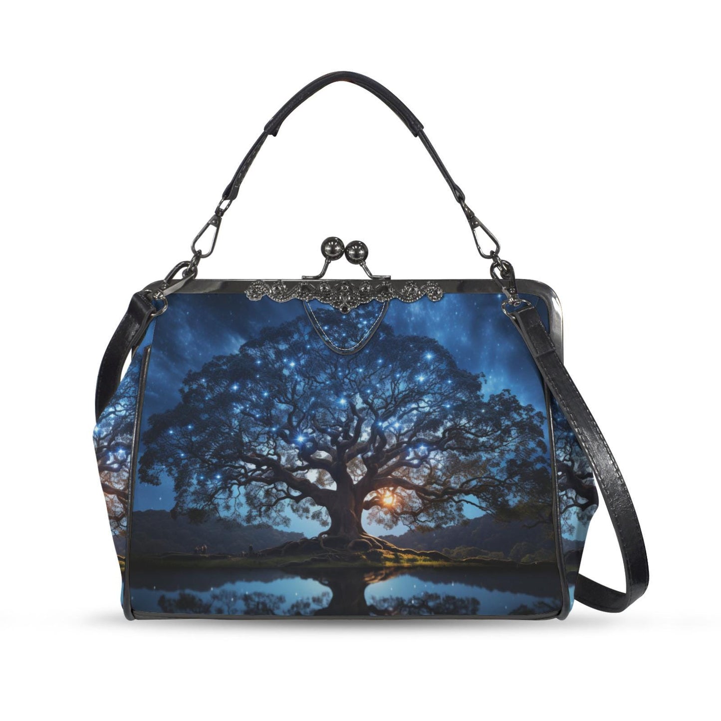 Bold Tree at Night Kisslock Crossbody Shoulder Bag - Blue Black Dark Academia Handbag