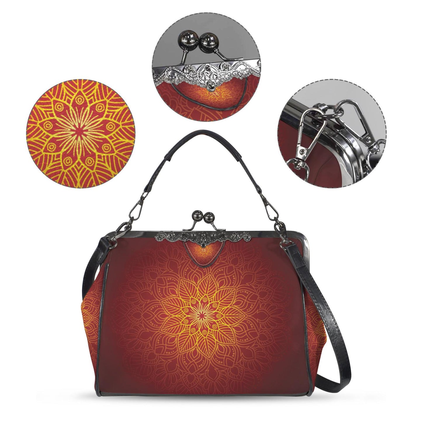 Black Red Orange Mandala Kisslock Handbag –  Meditation Asian Style Crossbody Bag