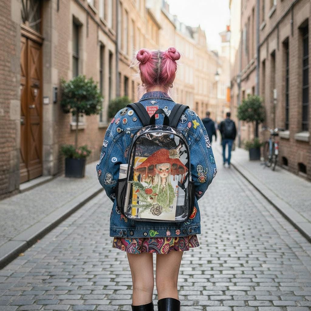 Fairycore Clear PVC Backpack, Mushroom Forest Daypack, Mesh Side Pockets