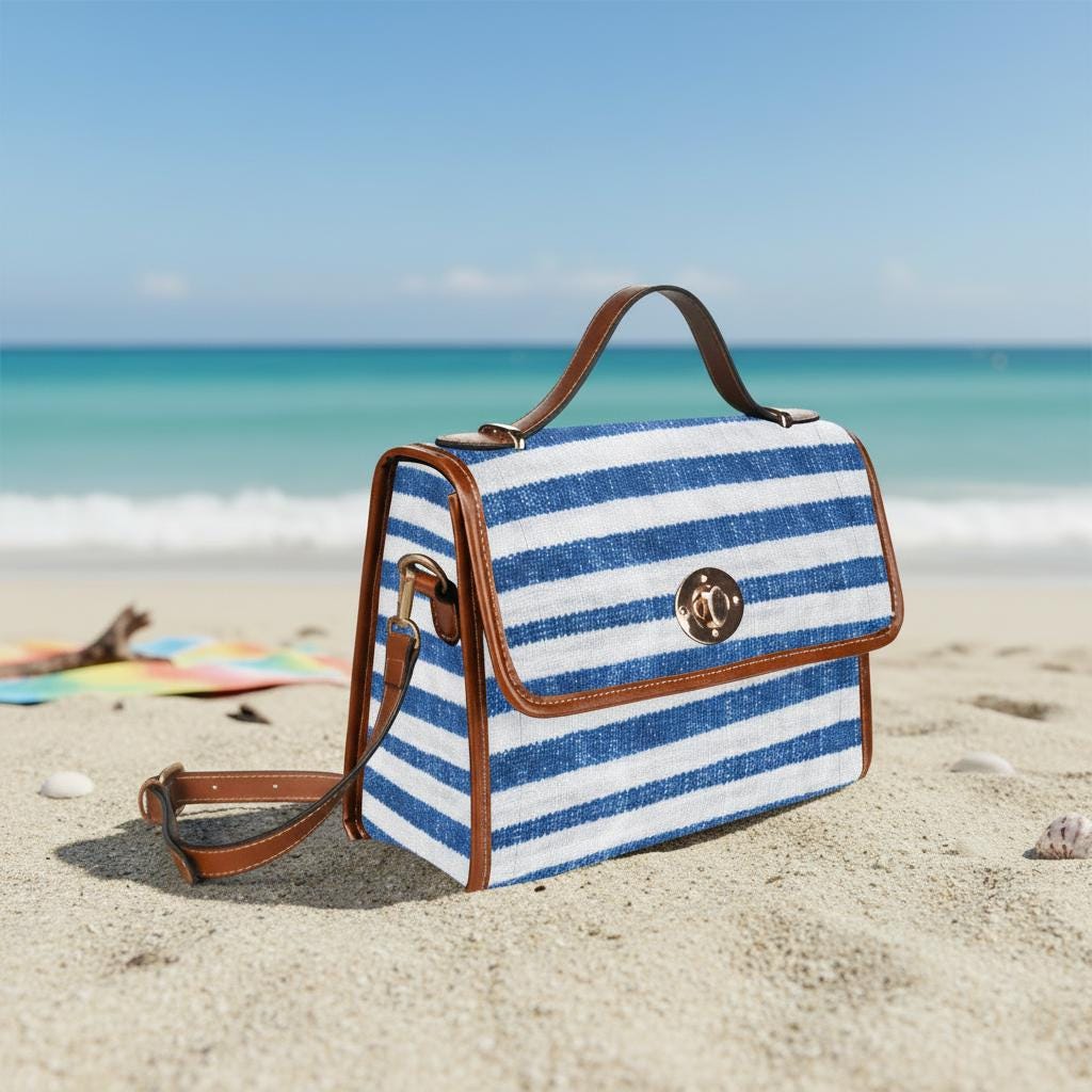 Blue White Nautical Striped Canvas Crossbody Bag – Beach Sailing Top Handle Handbag