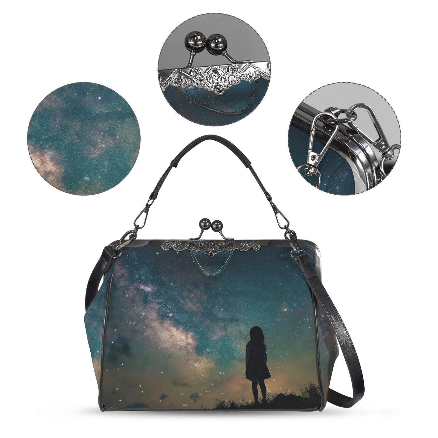 Solitude Girl Vintage Kisslock Crossbody Bag –  Dark Academia Handbag with Adjustable Strap