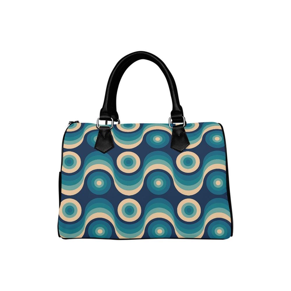 Retro 60s Wave Print Barrel Handbag – Black Blue Midcentury Everyday Purse