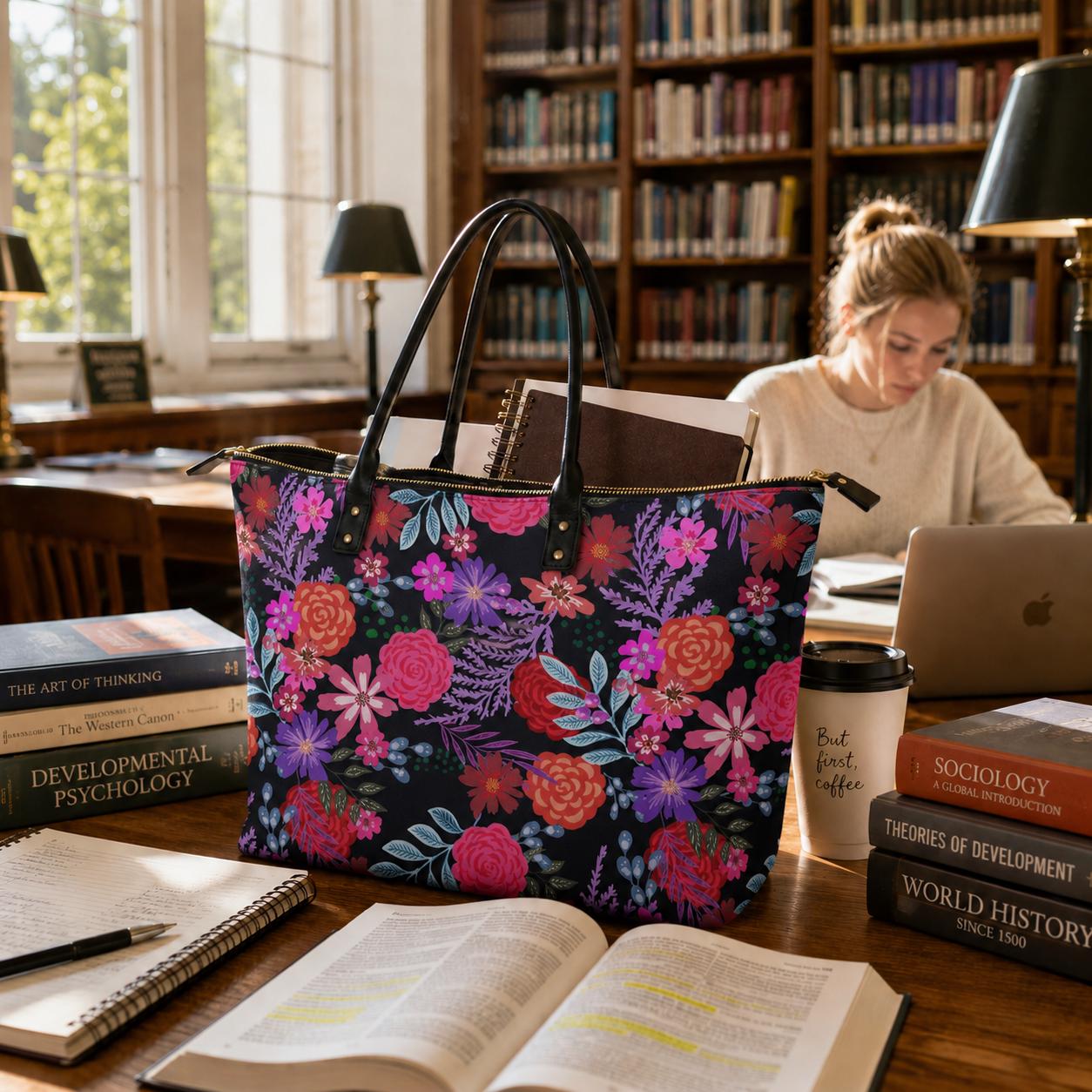 Bold Floral Roomy Tote Bag - Large Shoulder Handbag Black Pink Purple Shopper
