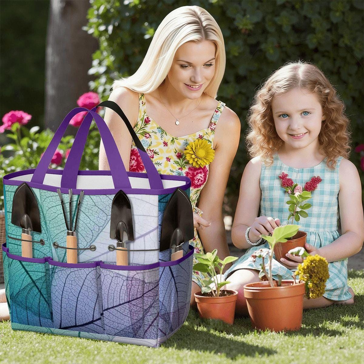 Translucent Leaves Gardening Tool Organizer Bag – Blue to Purple Gradient Tote