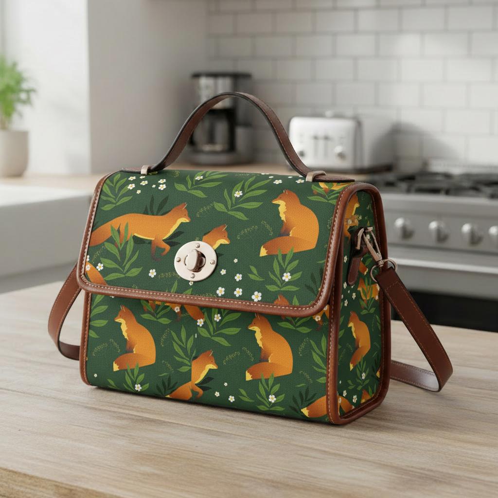 Retro Fox Forest Canvas Crossbody Bag – Green Orange Vintage Style Handbag