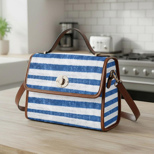 Blue White Nautical Striped Canvas Crossbody Bag – Beach Sailing Top Handle Handbag
