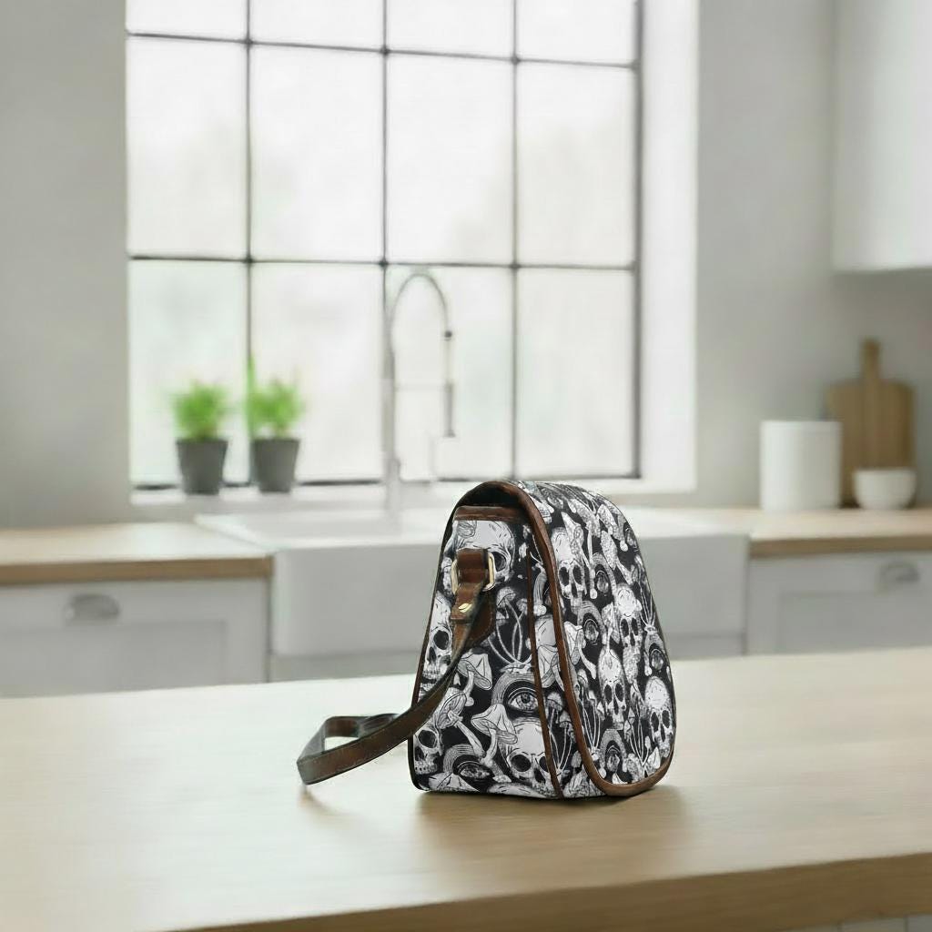 Extravagante schwarz-weiße Totenköpfe Umhängetasche – Große Gothic Alternative Schulterhandtasche
