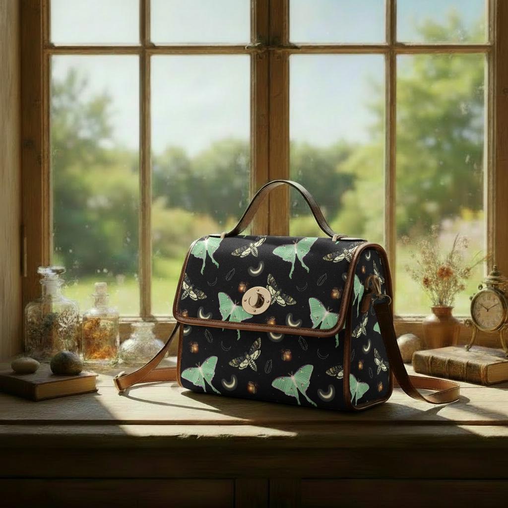 Dark Academia Moths & Moon Stars Canvas Crossbody Bag – Gothic Vintage Handbag