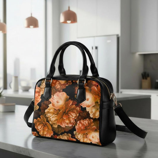 Bold Orange Peony Flowers Top Handle Shoulder Handbag