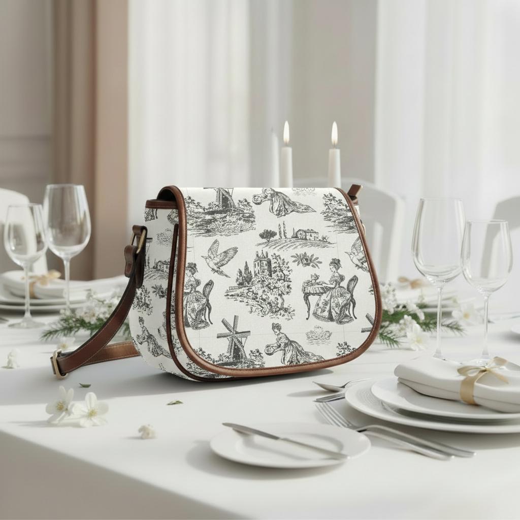 Toile de Jouy Saddle Bag, French Vintage Romantic Crossbody or Shoulder Handbag