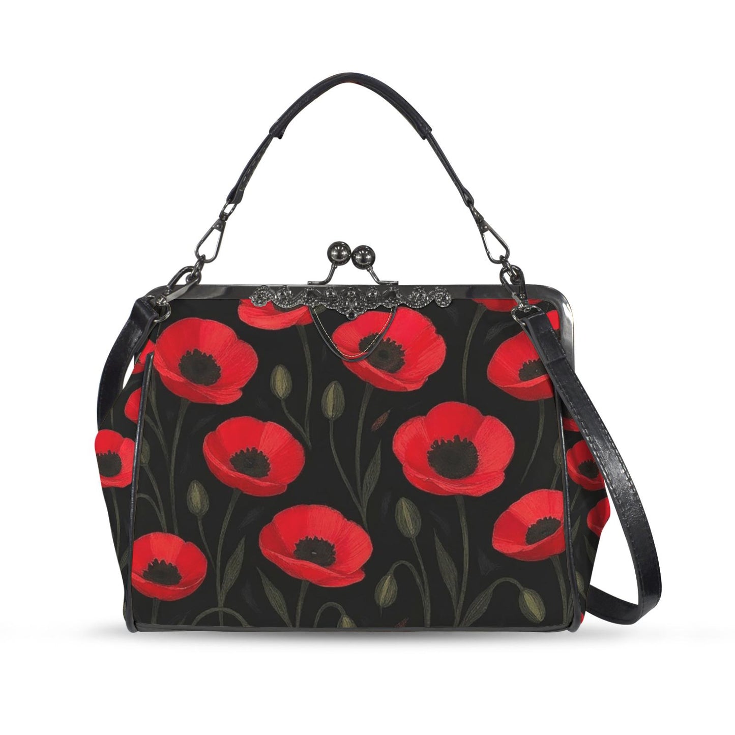 Black Red Poppies Dark Academia Kisslock Handbag – Vintage Gothic Crossbody Bag