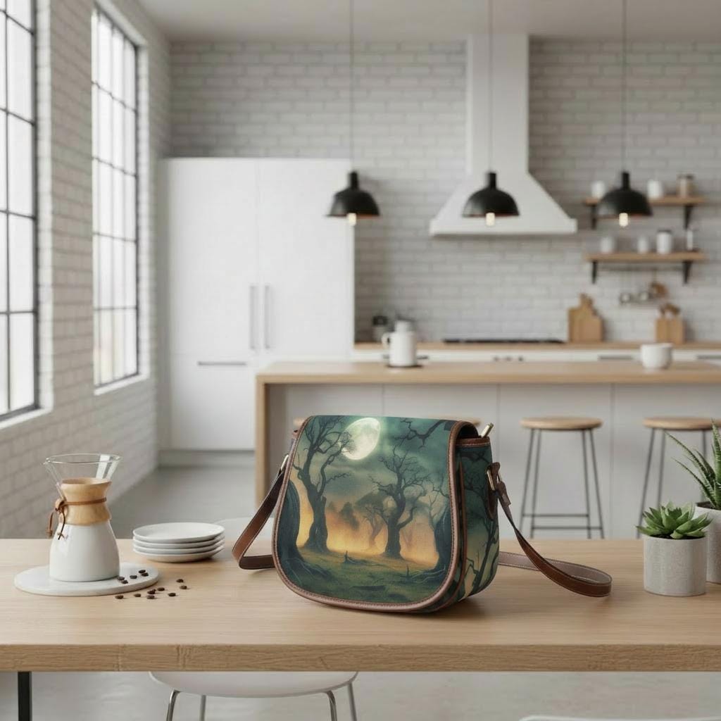 Foggy Trees at Night Dark Academia Saddle Bag - Moody Gothic Crossbody Handbag