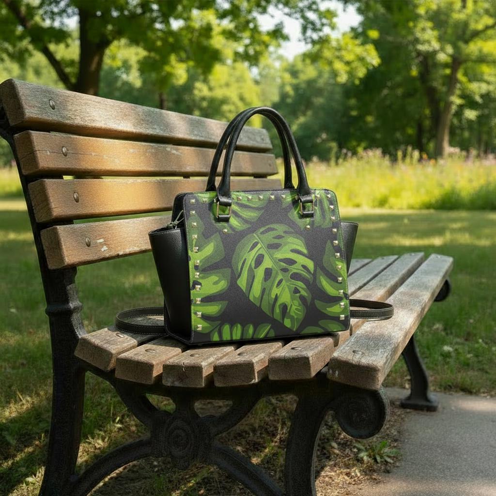 Retro 70s Monstera Rivet Shoulder Handbag – Vintage Midcentury Print Purse