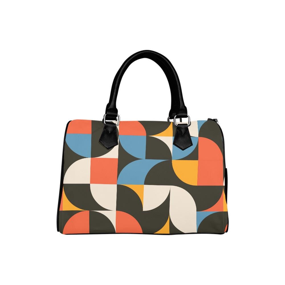Retro 60s Geometric Print Barrel Handbag – Midcentury Mod Everyday Purse