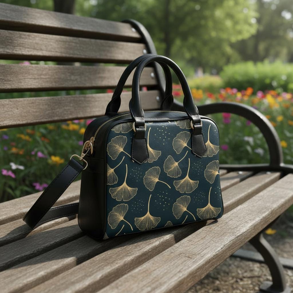 Black Gold Ginkgo Leaves Shoulder Handbag – Botanical Vegan PU Leather Handbag