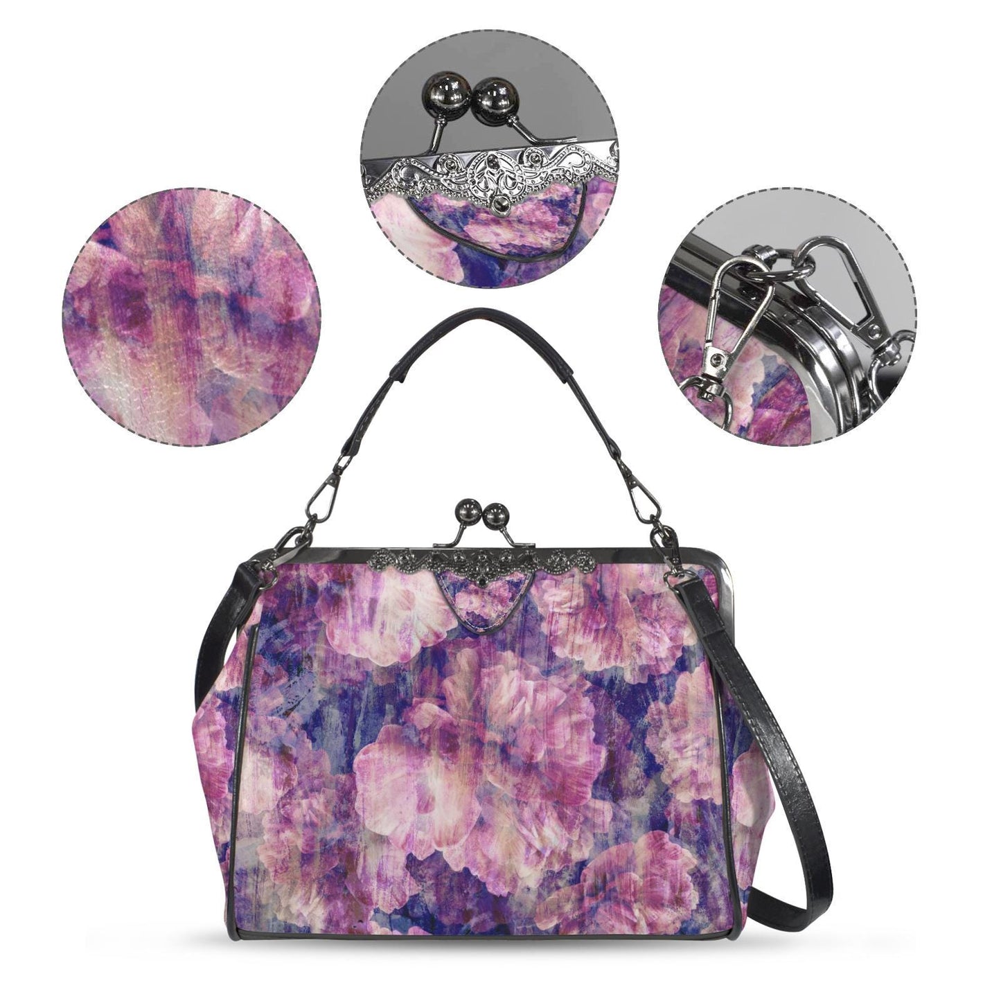 Purple Pink Flowers Kisslock Handbag - Faded Vintage Floral Crossbody Shoulder Bag
