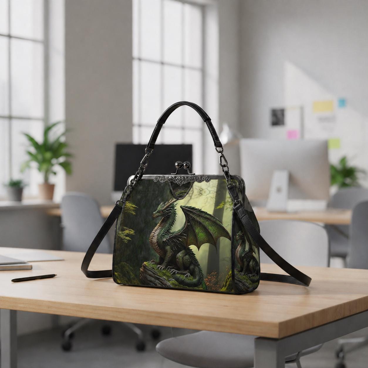 Dragon Fantasy Kisslock Crossbody Shoulder Bag - Dark Academia Gothic Handbag
