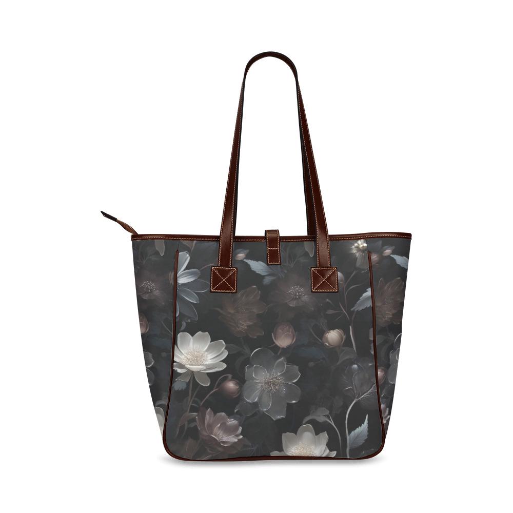 Dark Academia Bold Floral Style Handbag – Black Gray Classic Large Tote Bag