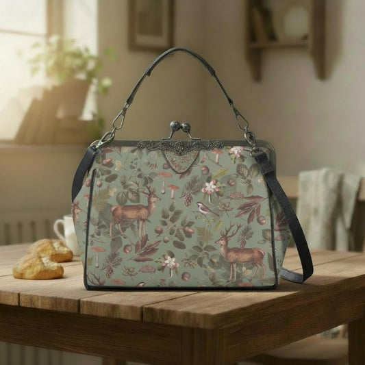 Deer Forest Dark Academia Kisslock Bag - Vintage Cottagecore Crossbody