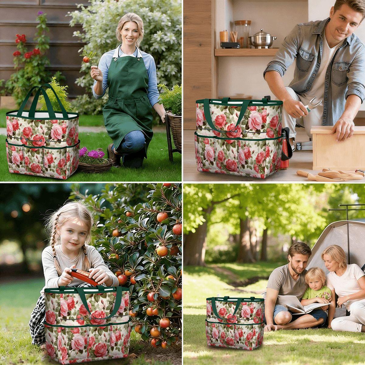 English Roses Garden Tote – Pink Green Gardening Tool Organizer Bag With Pockets