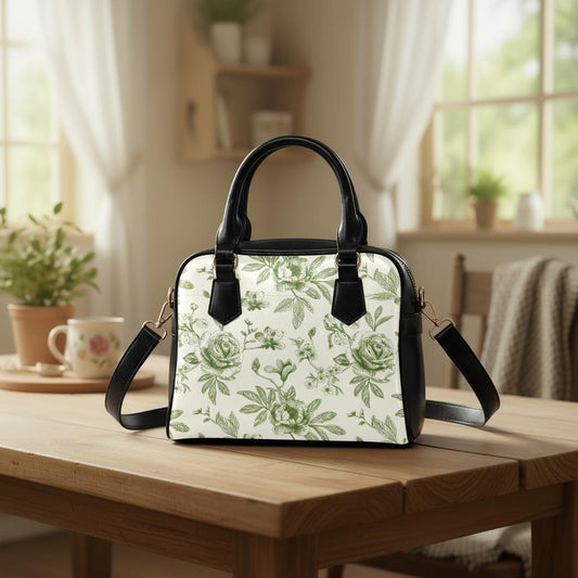 Green White Toile de Jouy Vegan Bag - Floral Crossbody Handbag