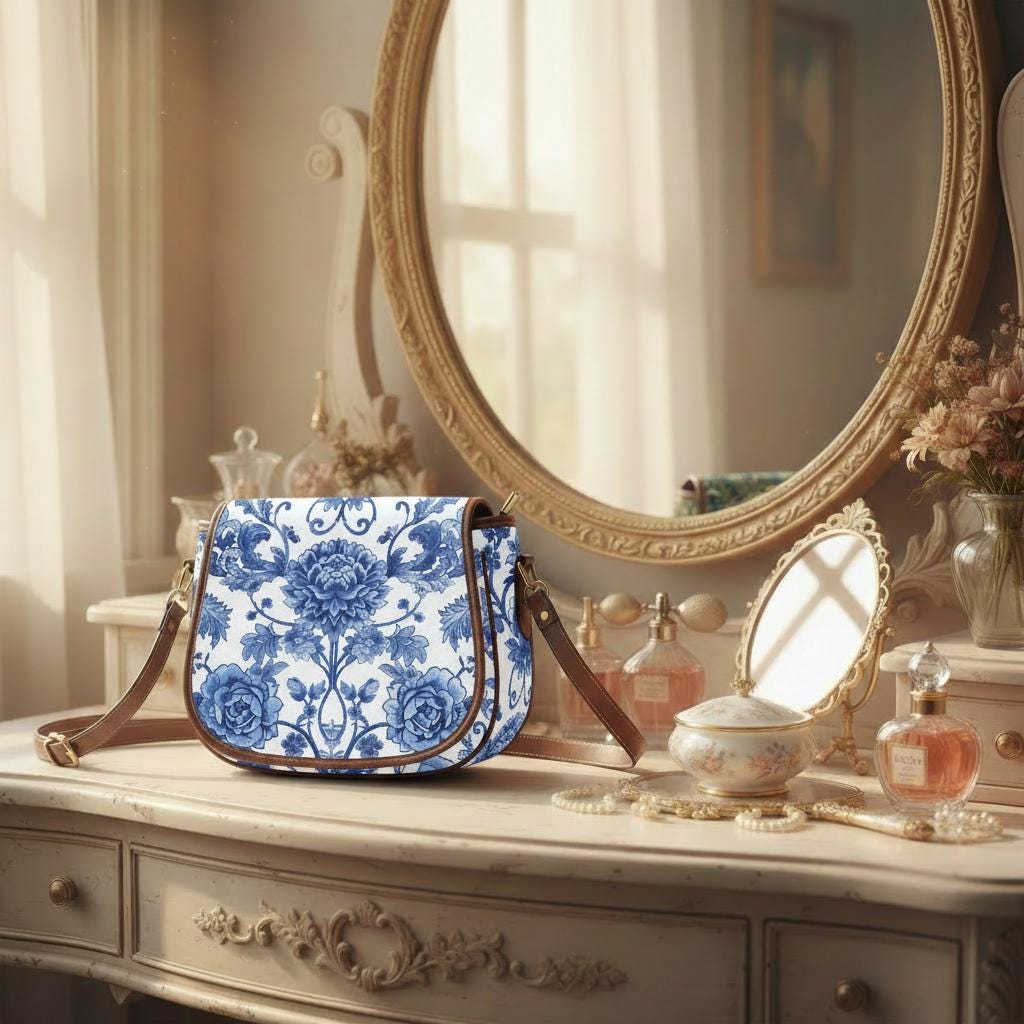 Toile de Jouy Vintage Saddle Bag - French Vintage Style Crossbody