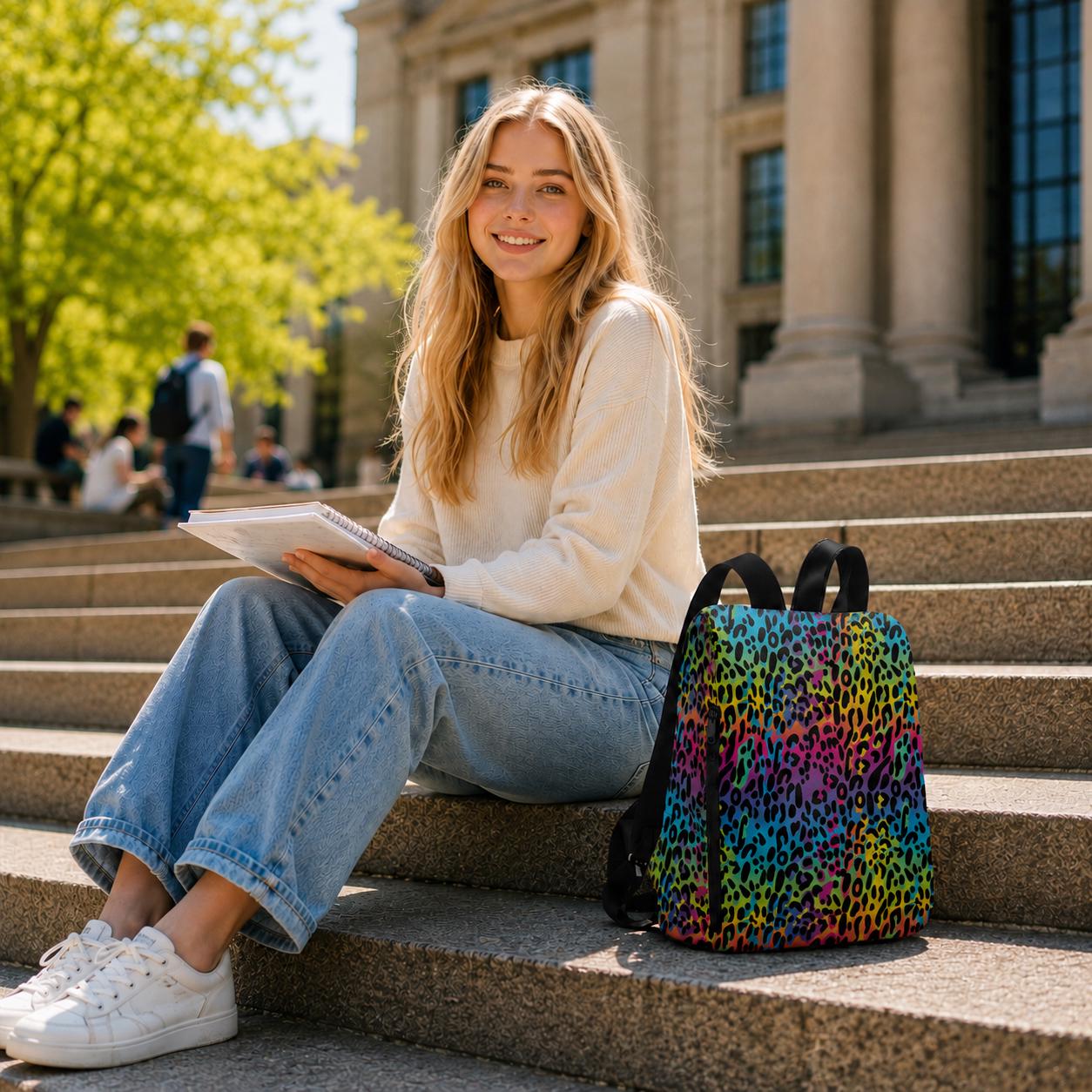 Rainbow Leopard Canvas Backpack – Cheetah Print Daypack