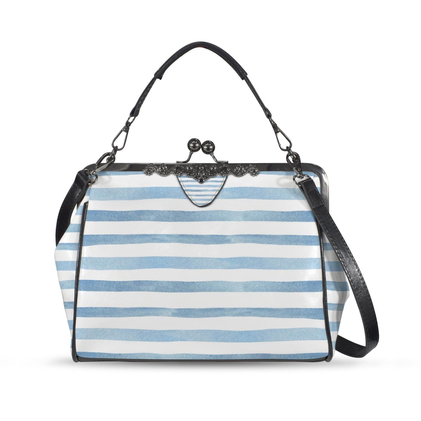 Blue White Striped Kisslock Crossbody Shoulder Bag - Vintage Nautical Summer Handbag
