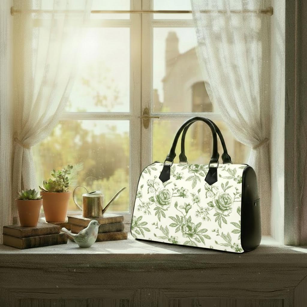 Sac à main tonneau Toile de Jouy vert et blanc – Sac à main quotidien vintage français à motif floral