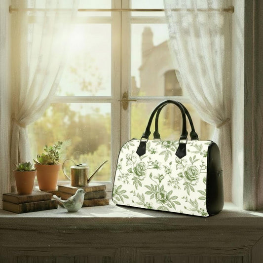 Toile de Jouy Green White Barrel Handbag – Floral French Vintage Everyday Purse
