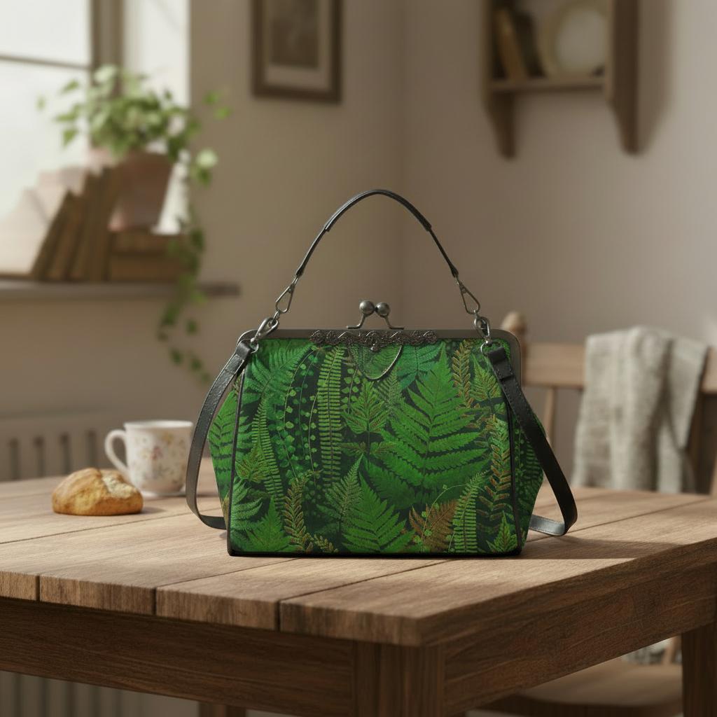 Dark Academia Green Fern Kisslock Crossbody Handbag - Vintage Forest Bag