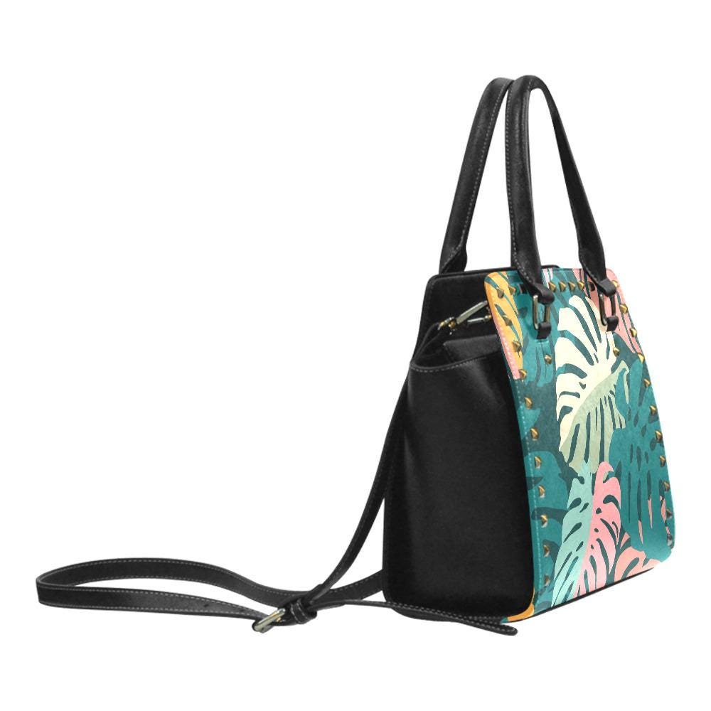 Retro 70s Monstera Rivet Shoulder Handbag – Vintage Midcentury Print Purse